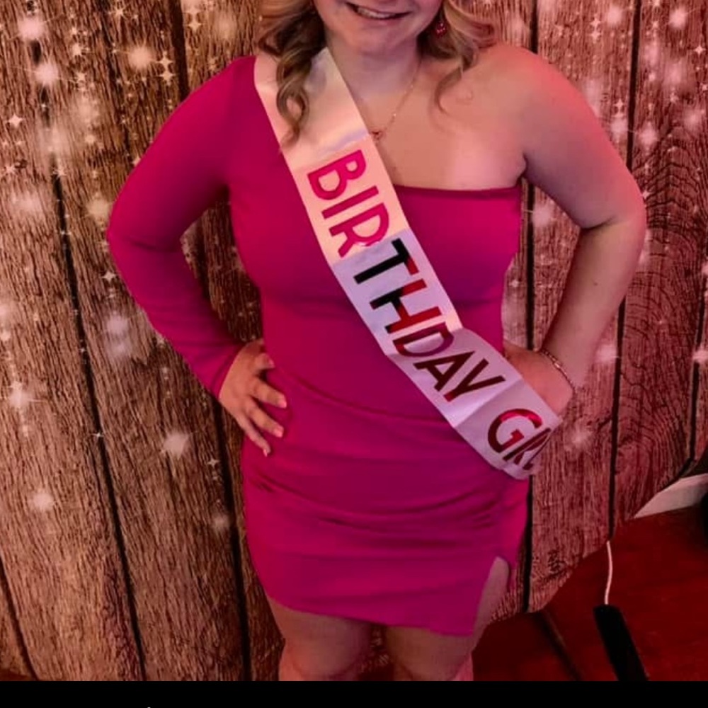 One sleeve pink mini dress